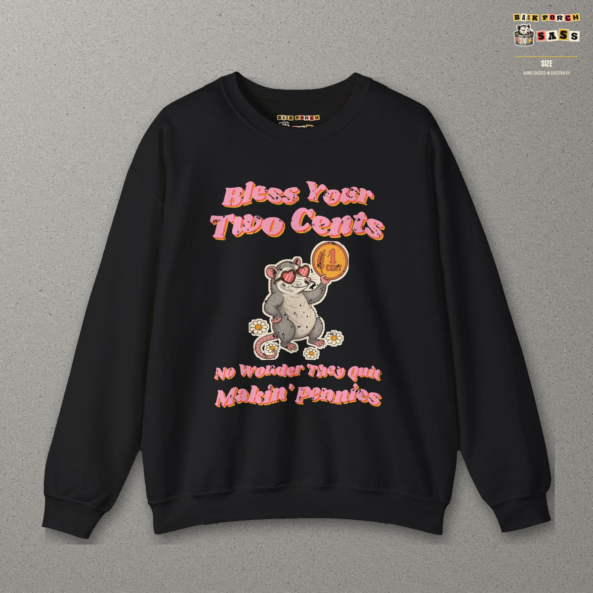 Bless Your Two Cents Possum Sweatshirt – Back Porch Sass – Black – front