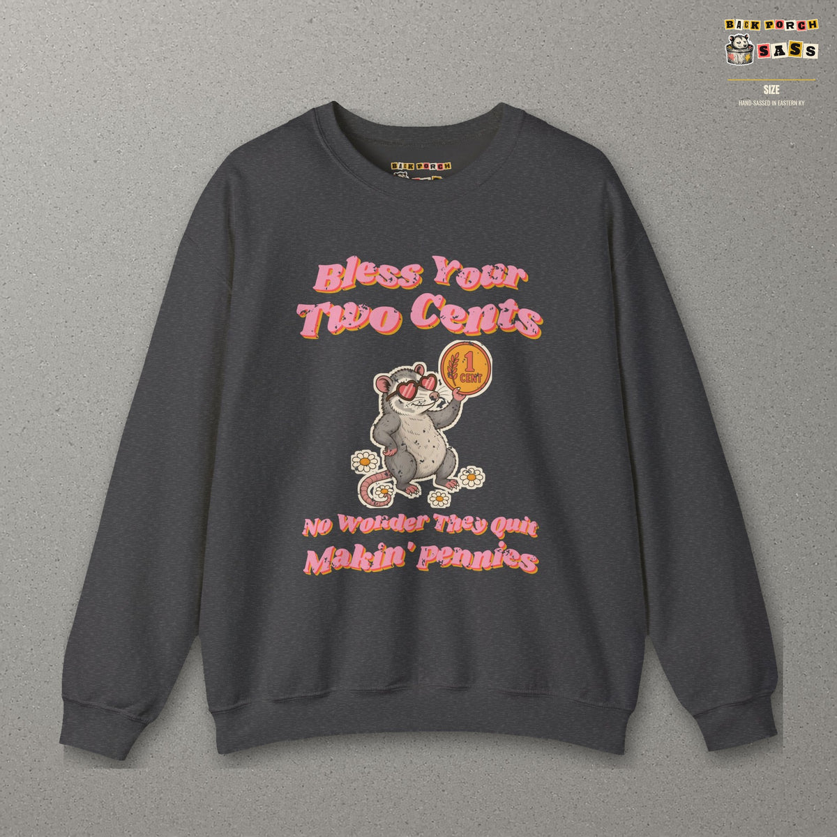 Bless Your Two Cents Possum Sweatshirt – Back Porch Sass – Dark Heather – front