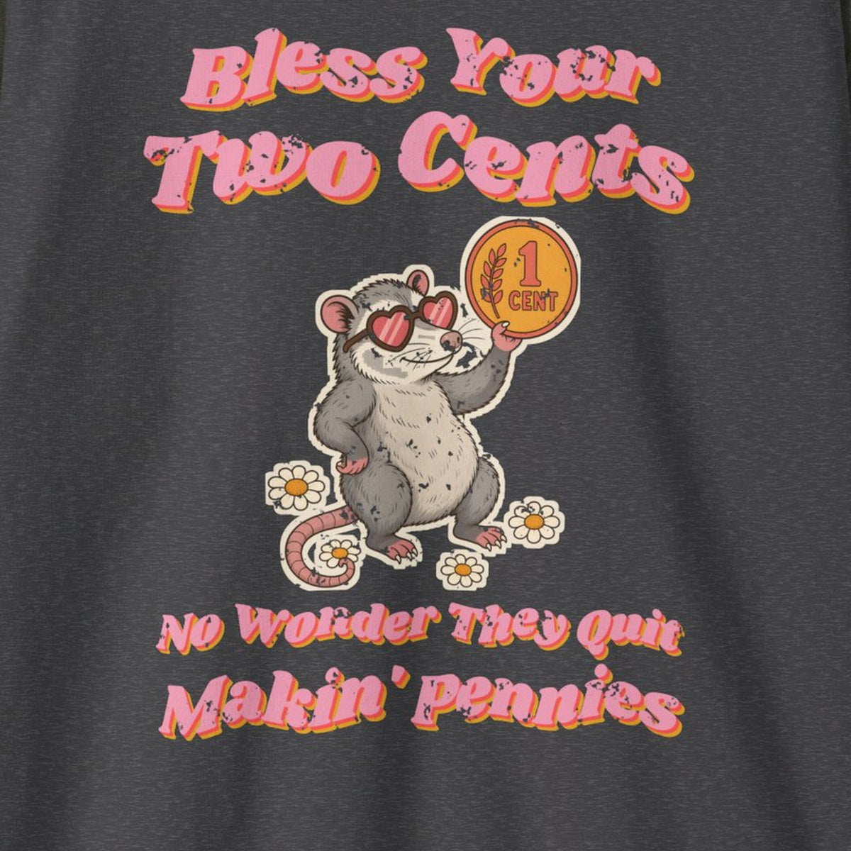 Bless Your Two Cents Possum Sweatshirt – Back Porch Sass – Dark Heather – front print close-up