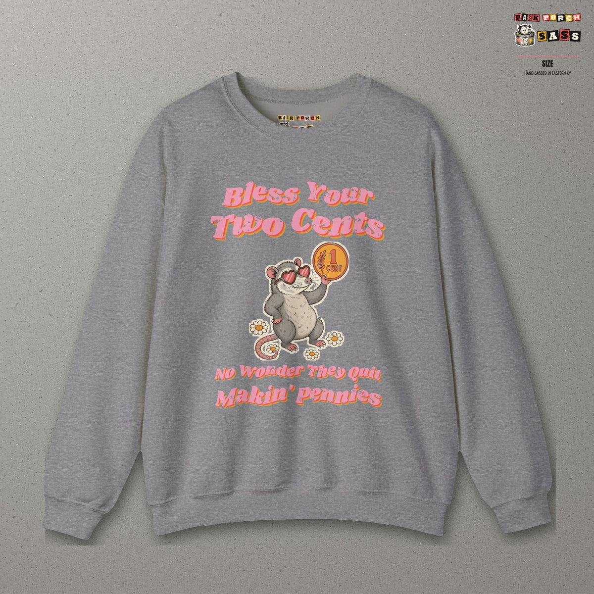 Bless Your Two Cents Possum Sweatshirt – Back Porch Sass – Graphite Heather – front