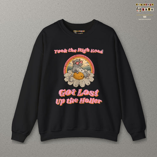 Took the High Road Got Lost Up the Holler Sweatshirt – Back Porch Sass – Black – front
