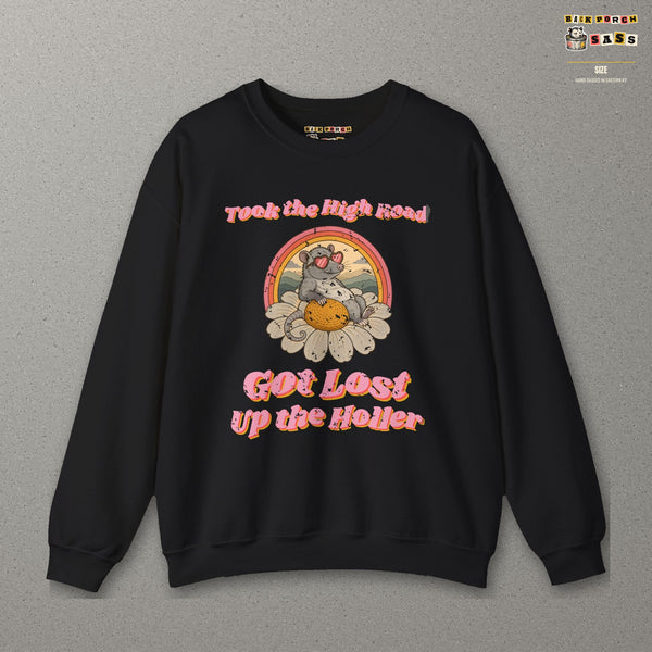 Took the High Road Got Lost Up the Holler Sweatshirt – Back Porch Sass – Black – front