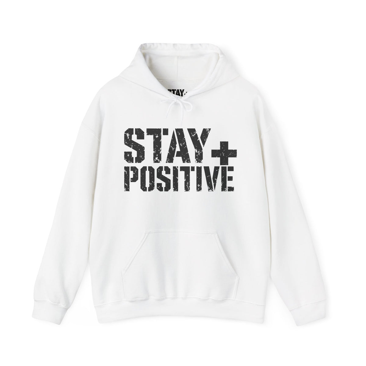 White Stay Positive Logo hoodie, front with black STAY+ POSITIVE logo