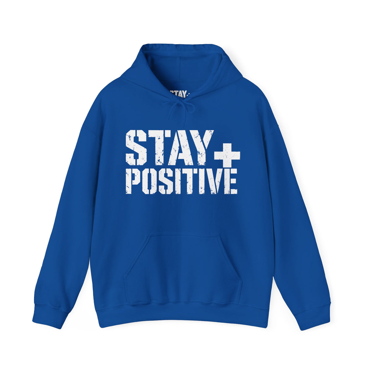 Royal Stay Positive Logo hoodie, front with white STAY+ POSITIVE logo