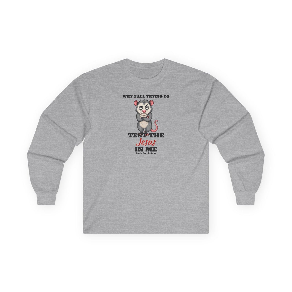 Why Y'all Trying to Test the Jesus in Me Possum Long Sleeve Tee – Back Porch Sass