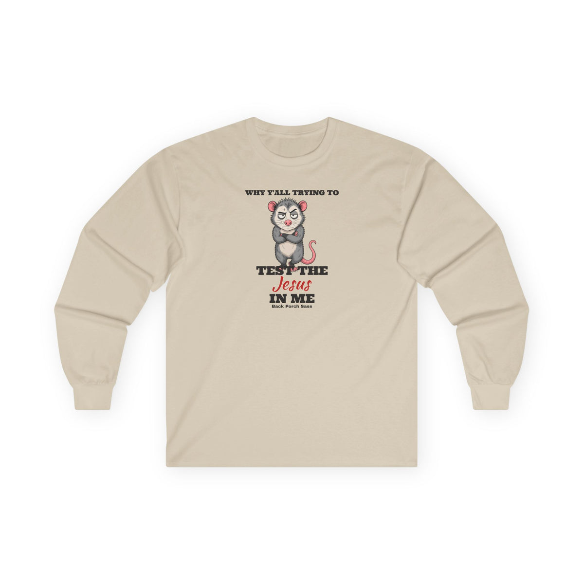 Why Y'all Trying to Test the Jesus in Me Possum Long Sleeve Tee – Back Porch Sass