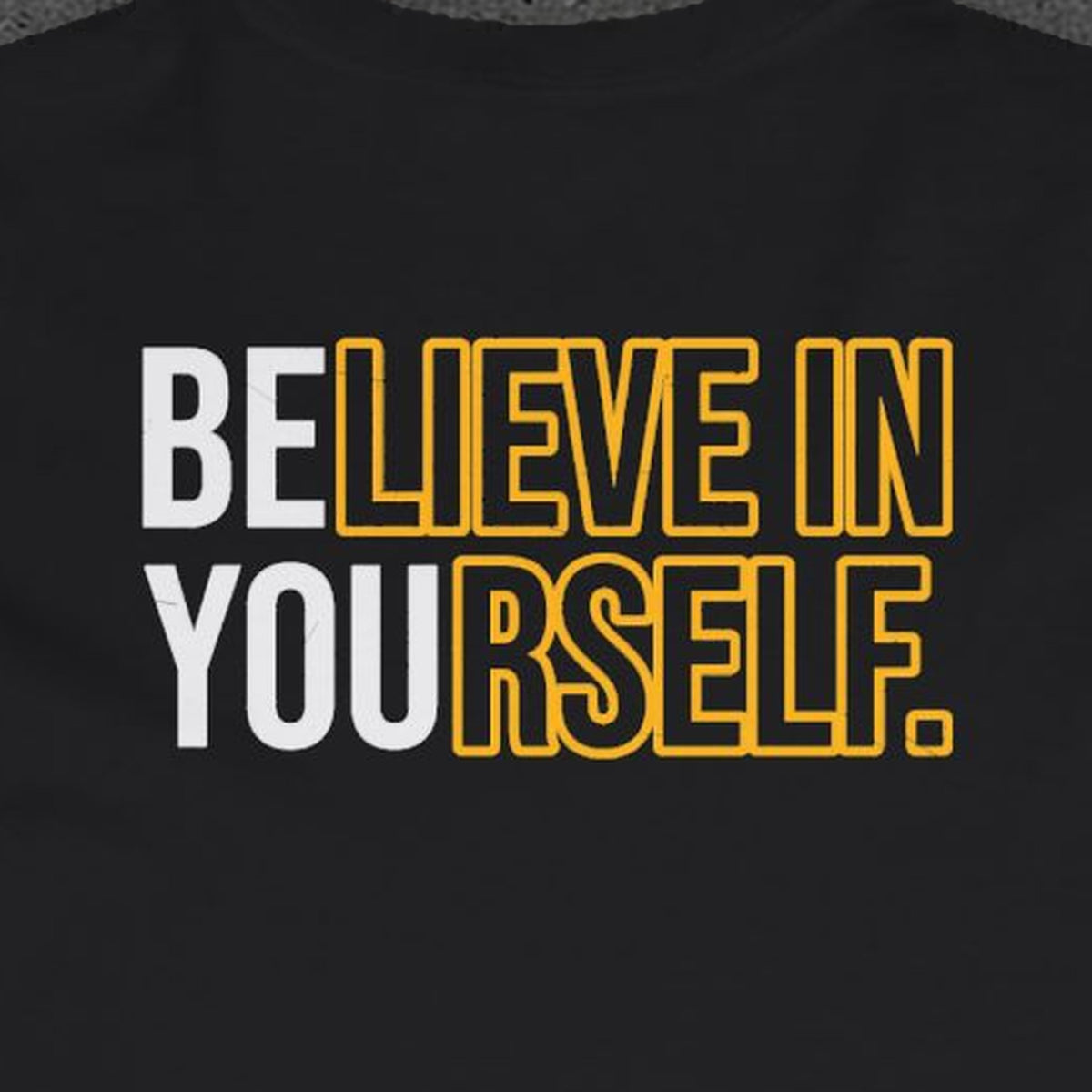 Believe in Yourself Long Sleeve Tee – Stay Positive – Black – back print close-up