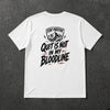 White t-shirt with distressed black 'Quit Is Not in My Bloodline' mountain shield back print – Stay Positive by The Hillbillies, back view