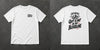 White t-shirt with small Stay Positive chest logo and distressed black 'Quit Is Not in My Bloodline' mountain shield back print – Stay Positive by The Hillbillies, front and back view
