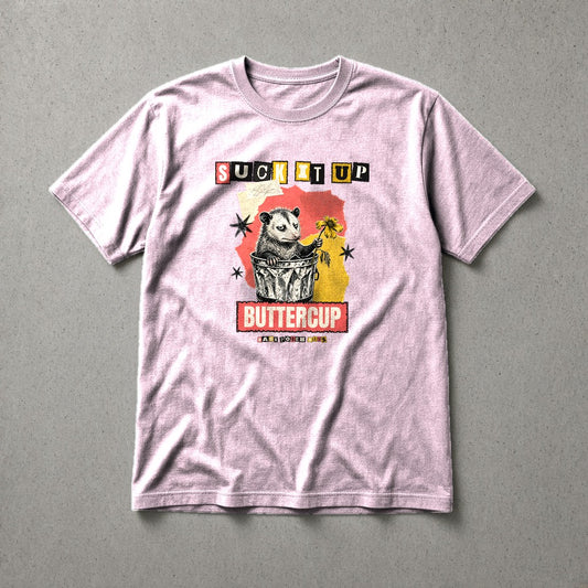Suck It Up Buttercup punk zine possum tee – Light Pink