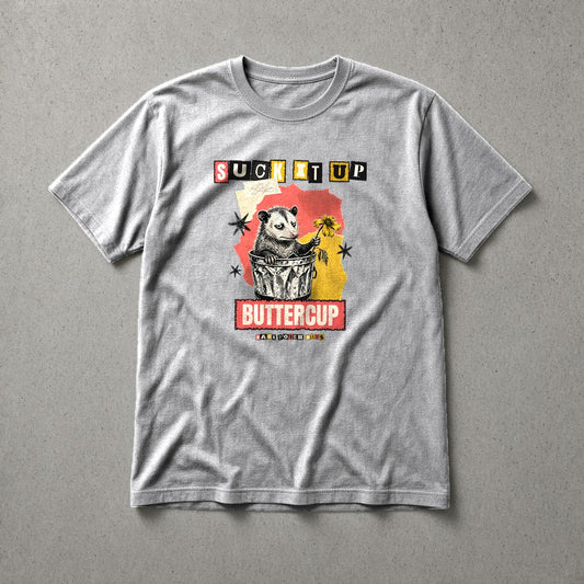 Suck It Up Buttercup punk zine possum tee – Sport Grey