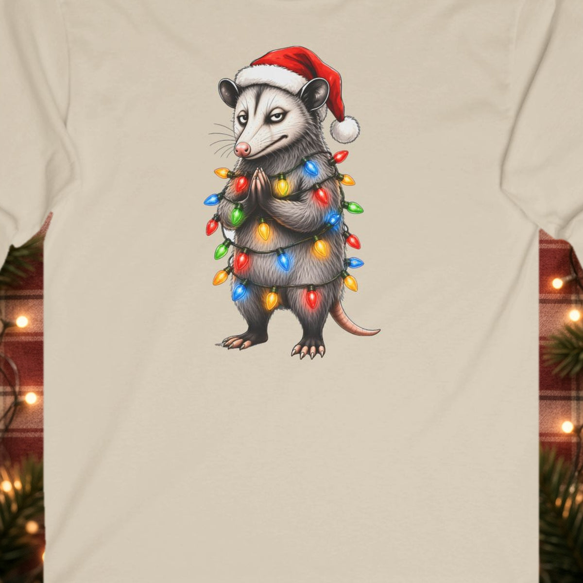 Carl Christmas Lights Christmas Long Sleeve Tee – Sand – front print close-up