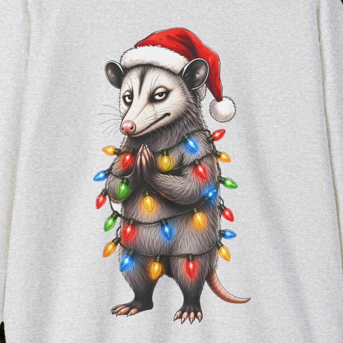 Carl Christmas Lights Christmas Sweatshirt – Ash – front print close-up