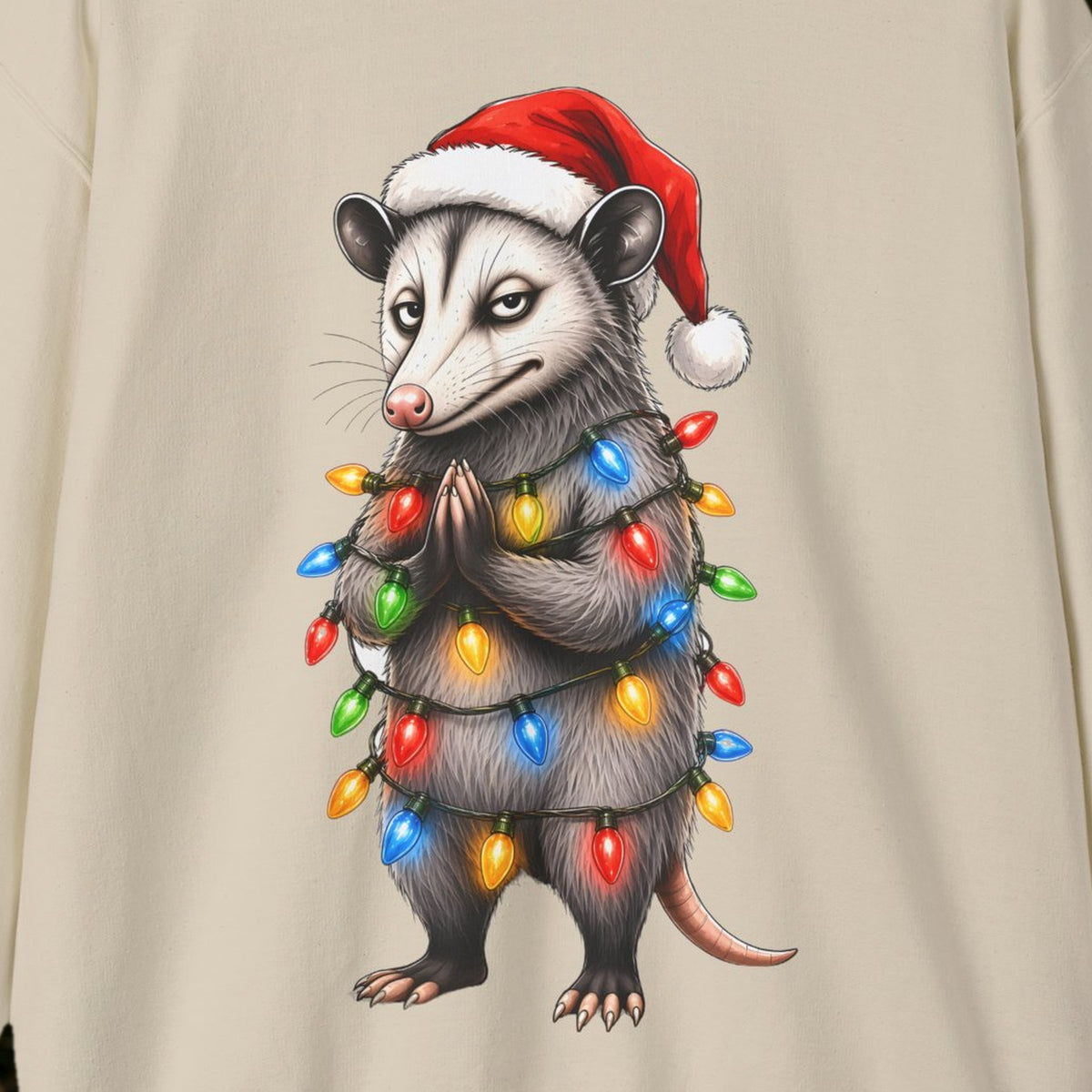 Carl Christmas Lights Christmas Sweatshirt – Sand – front print close-up