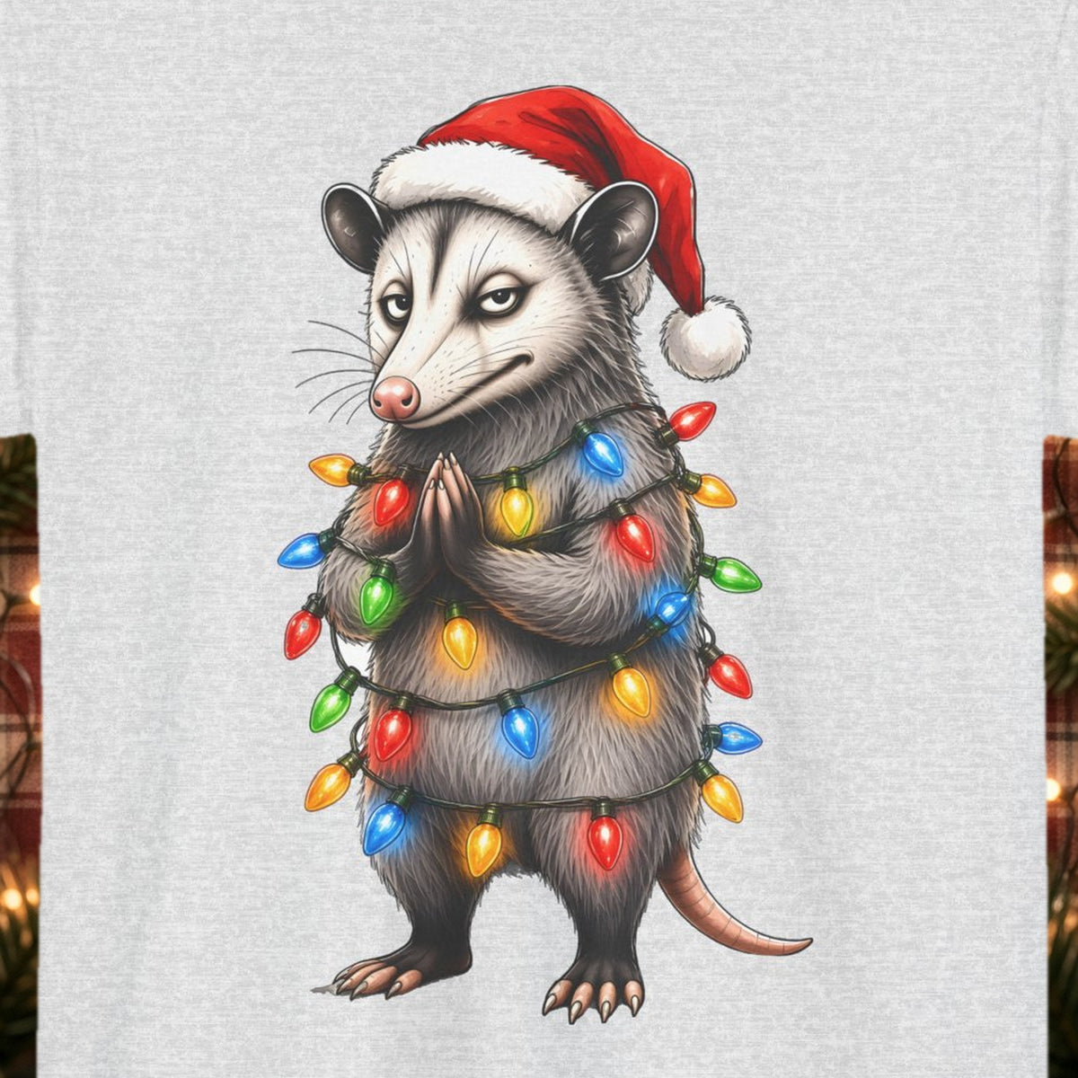 Carl Christmas Lights Christmas Tee – Ash – front print close-up