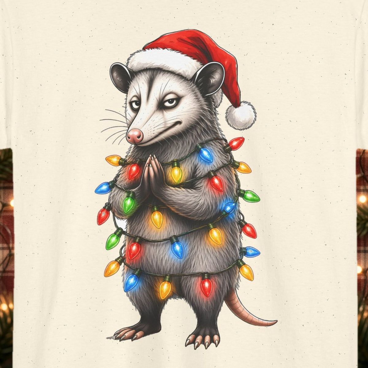 Carl Christmas Lights Christmas Tee – Natural – front print close-up