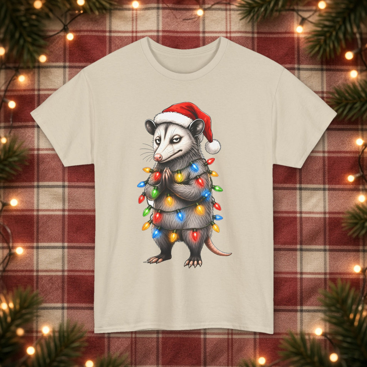 Carl Christmas Lights Christmas Tee – Sand – front