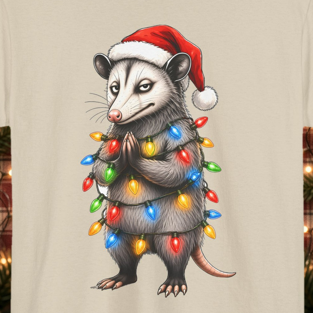 Carl Christmas Lights Christmas Tee – Sand – front print close-up