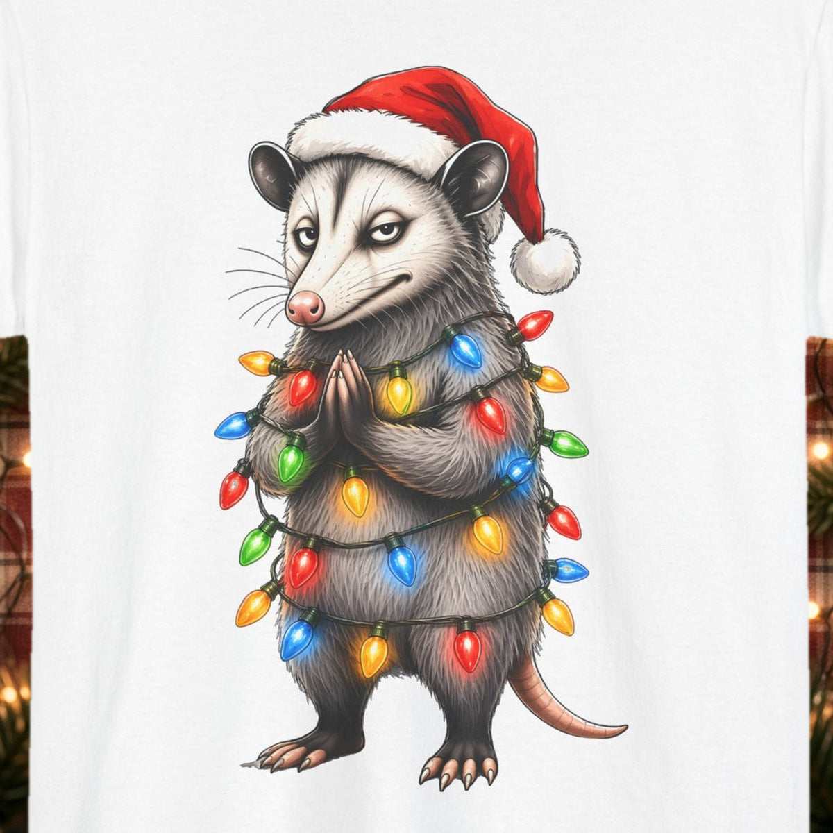 Carl Christmas Lights Christmas Tee – White – front print close-up