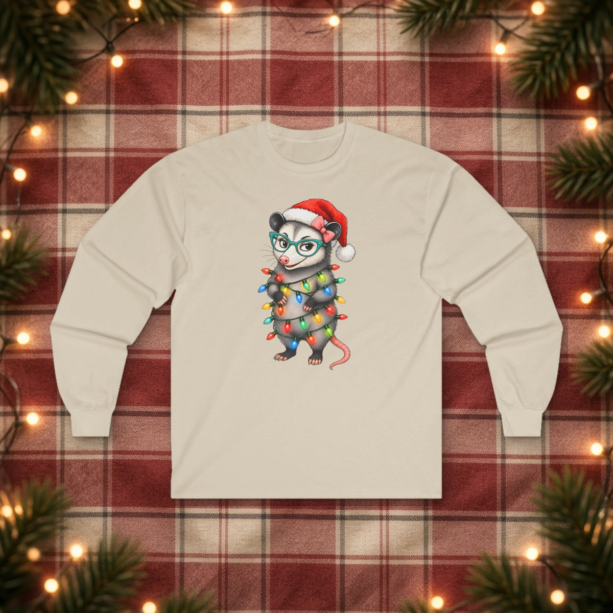 Carla Christmas Lights Christmas Long Sleeve Tee – Sand – front