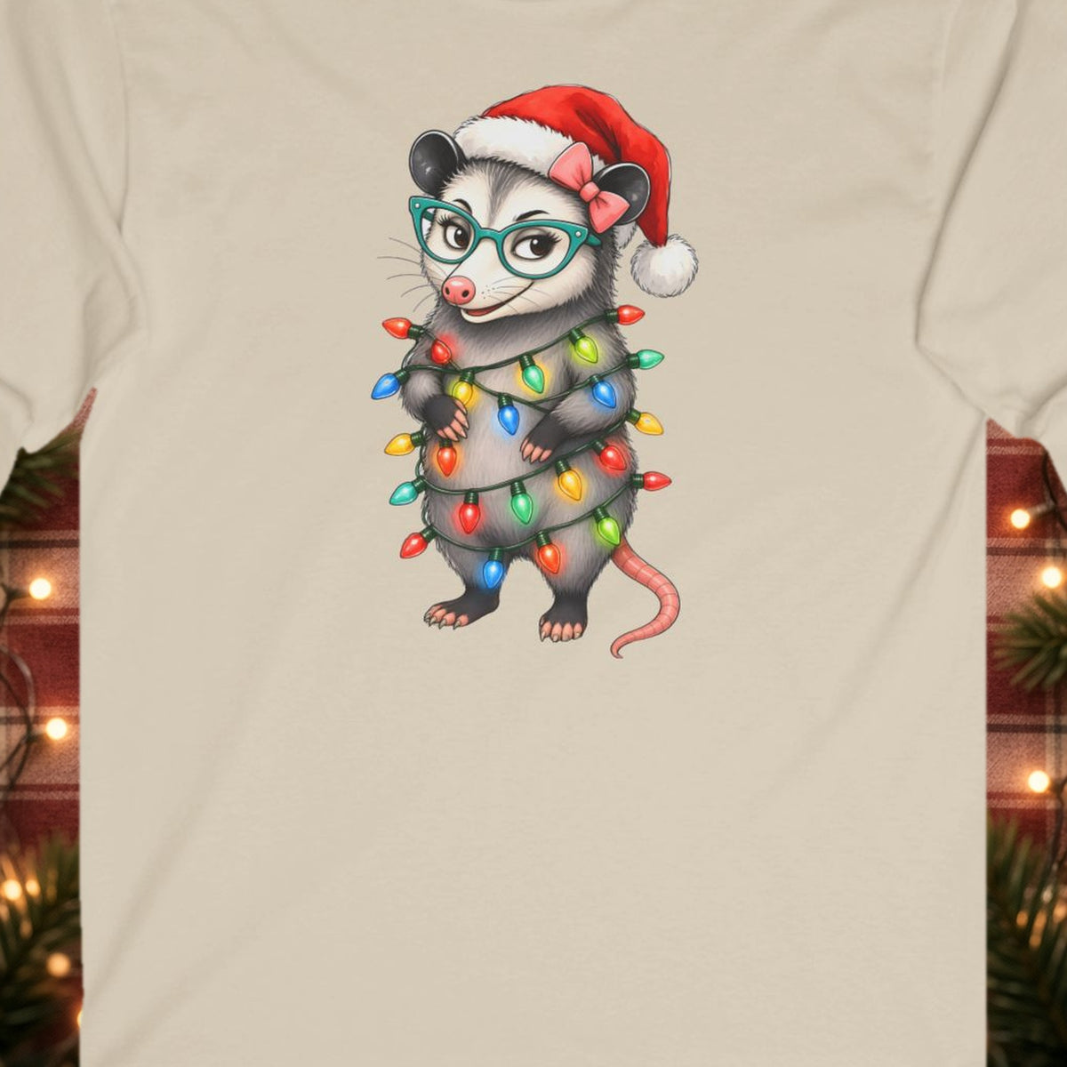 Carla Christmas Lights Christmas Long Sleeve Tee – Sand – front print close-up