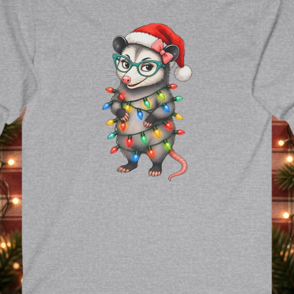 Carla Christmas Lights Christmas Long Sleeve Tee – Sport Grey – front print close-up