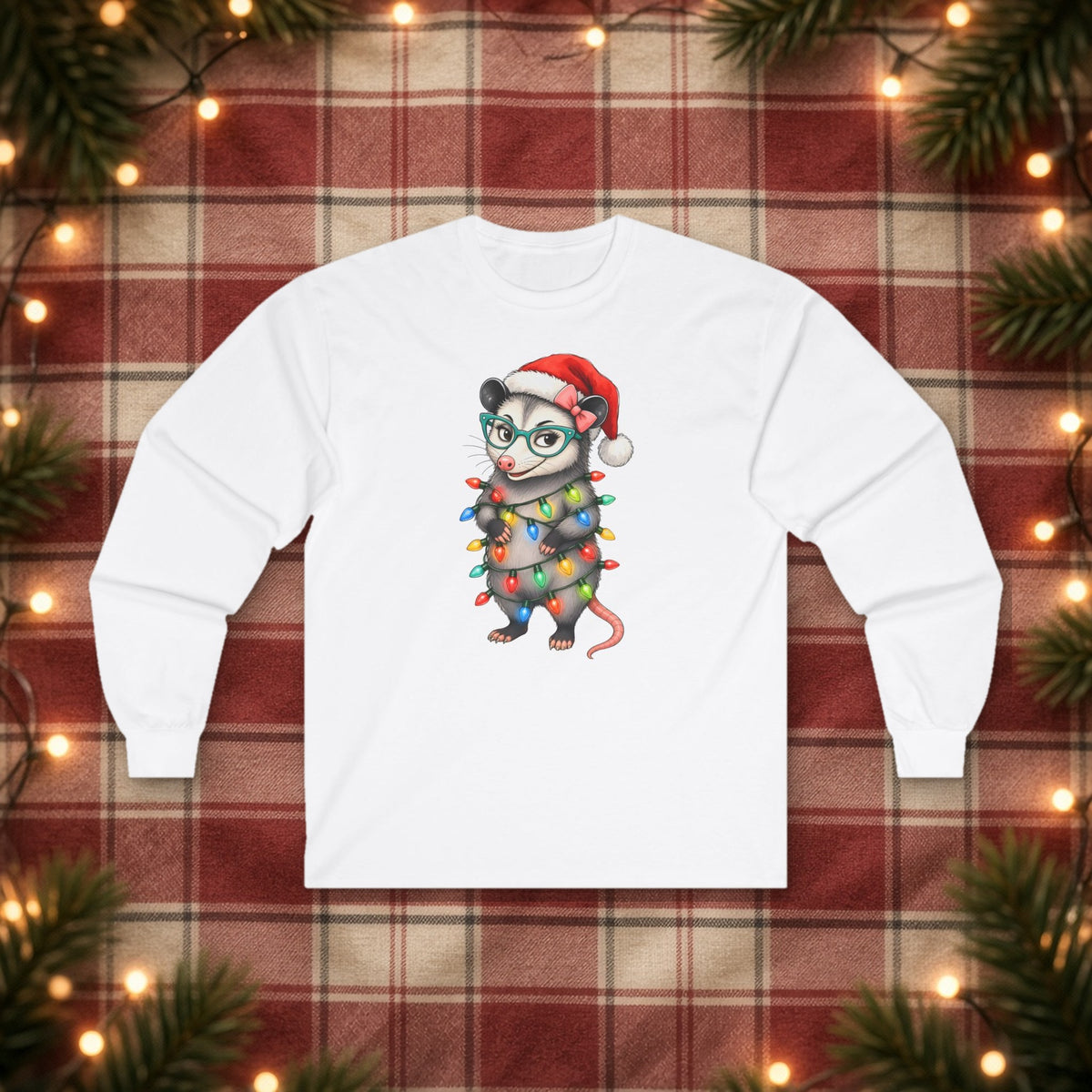 Carla Christmas Lights Christmas Long Sleeve Tee – White – front