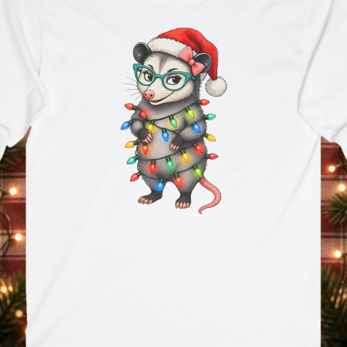Carla Christmas Lights Christmas Long Sleeve Tee – White – front print close-up