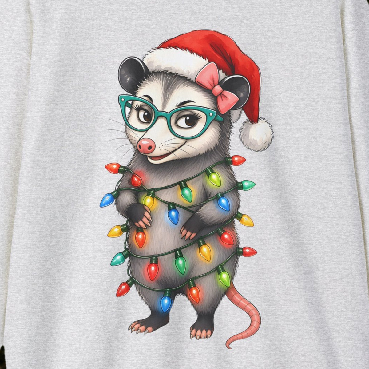 Carla Christmas Lights Christmas Sweatshirt – Ash – front print close-up