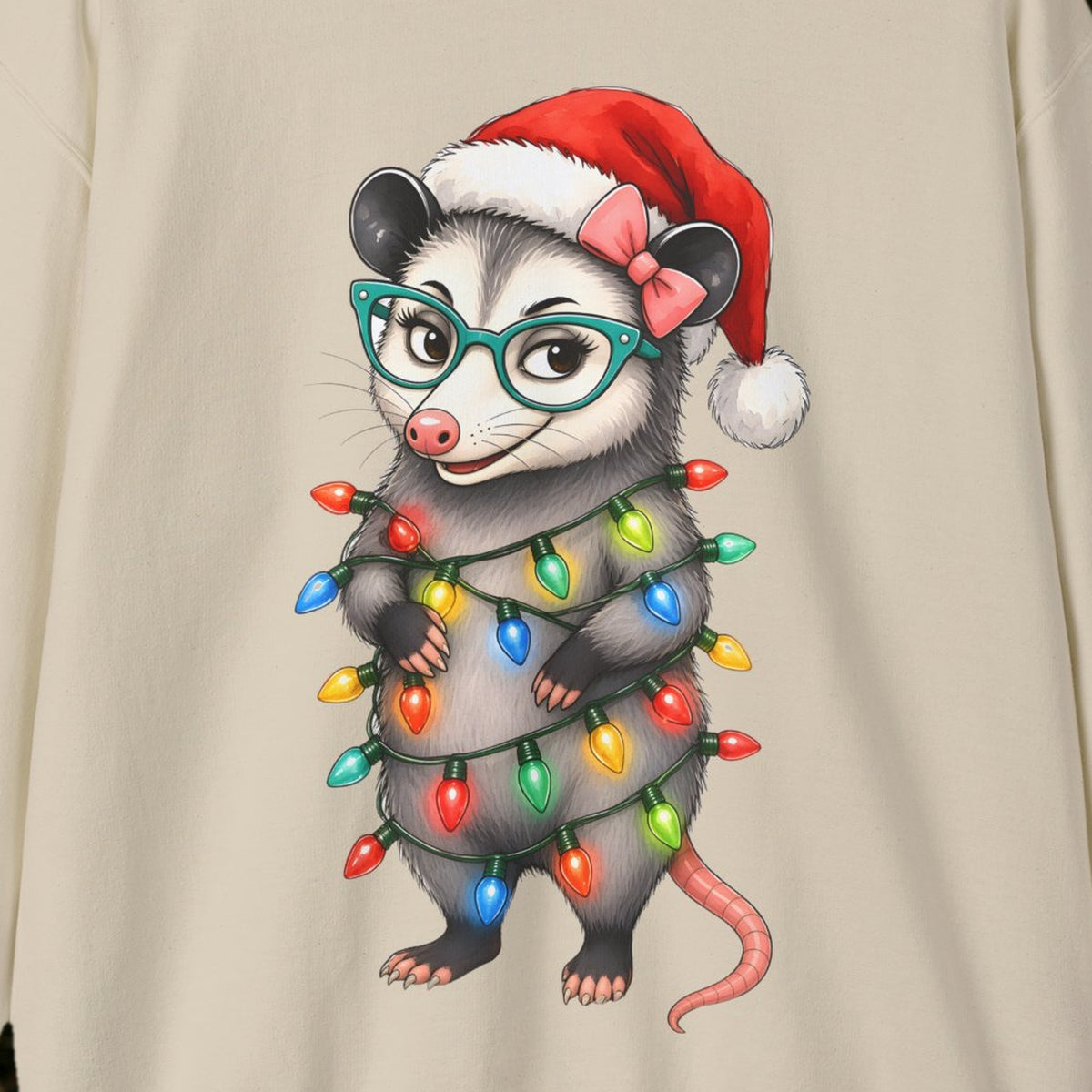 Carla Christmas Lights Christmas Sweatshirt – Sand – front print close-up