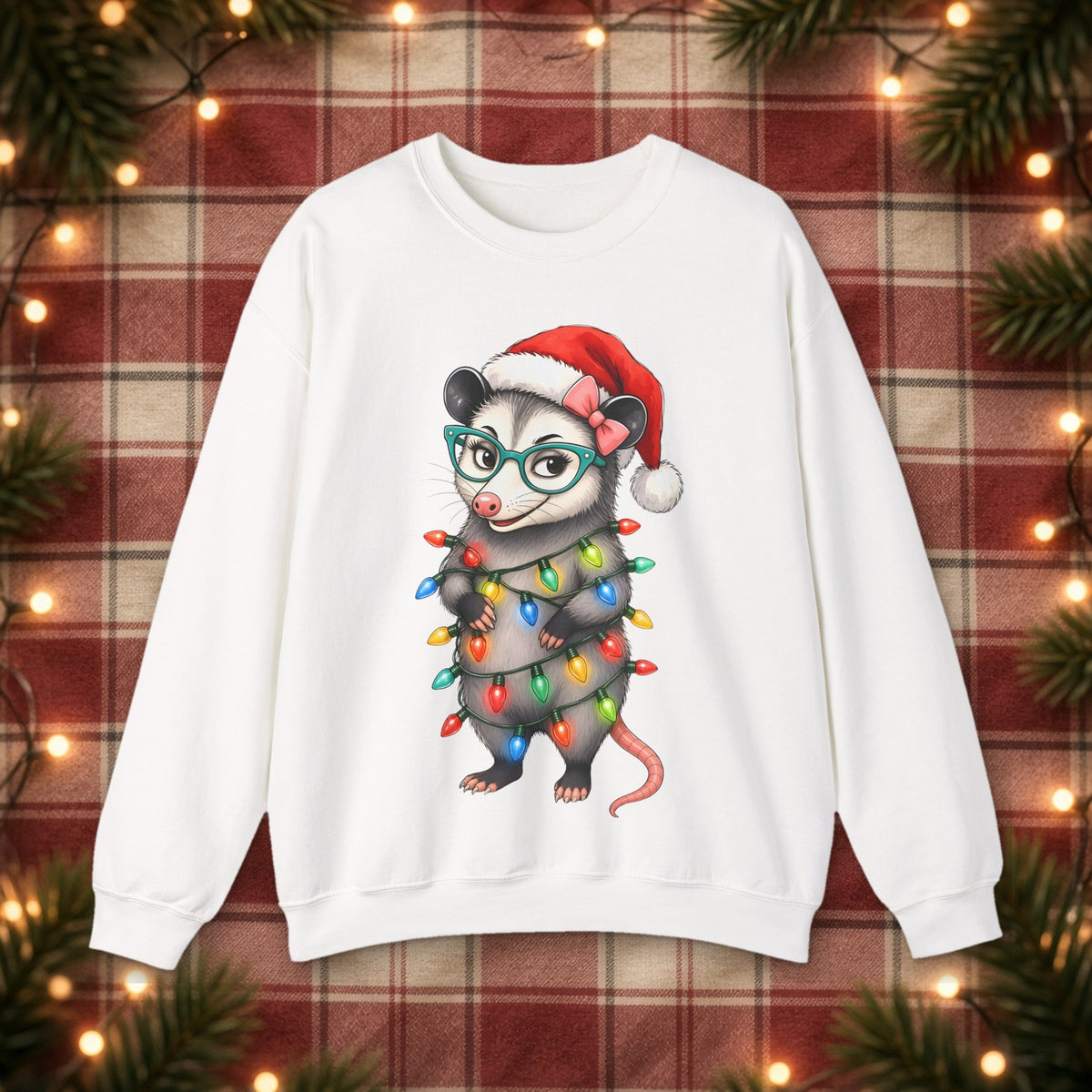 Carla Christmas Lights Christmas Sweatshirt – White – front