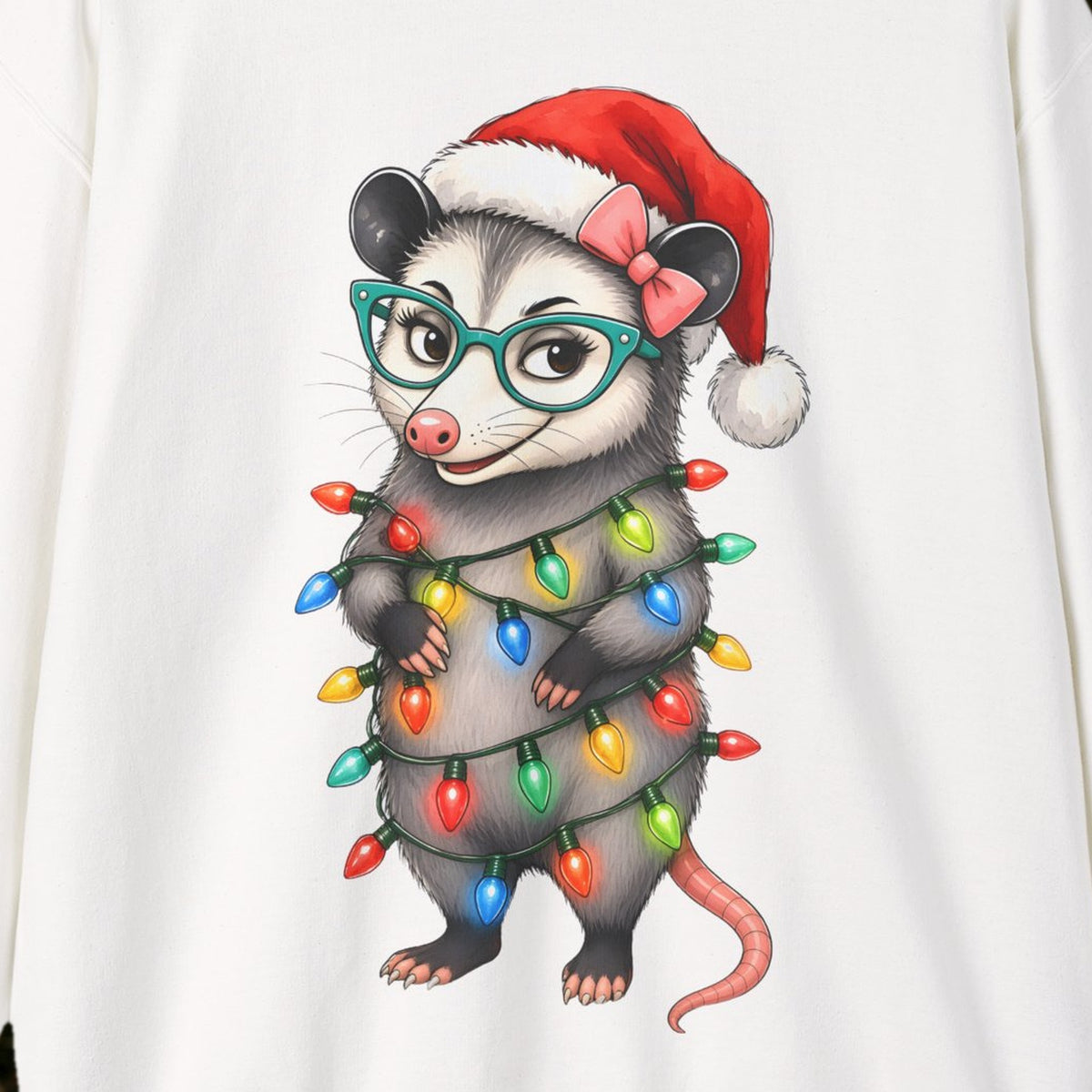 Carla Christmas Lights Christmas Sweatshirt – White – front print close-up