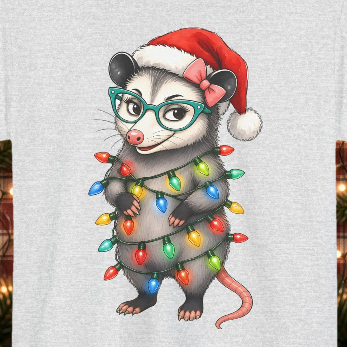 Carla Christmas Lights Christmas Tee – Ash – front print close-up