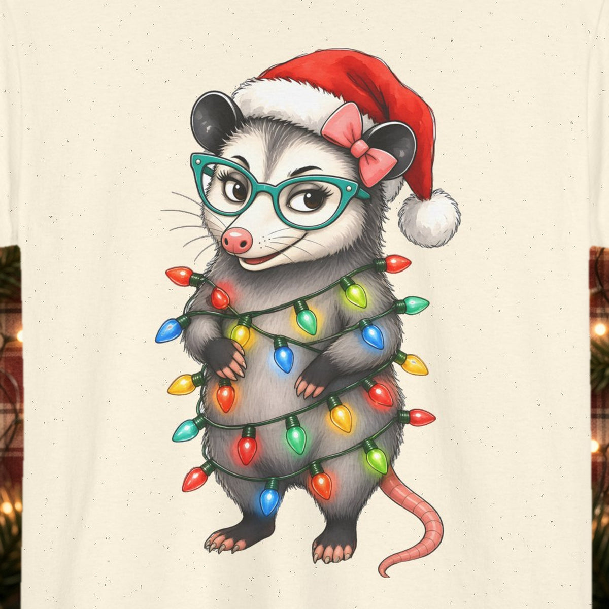 Carla Christmas Lights Christmas Tee – Natural – front print close-up