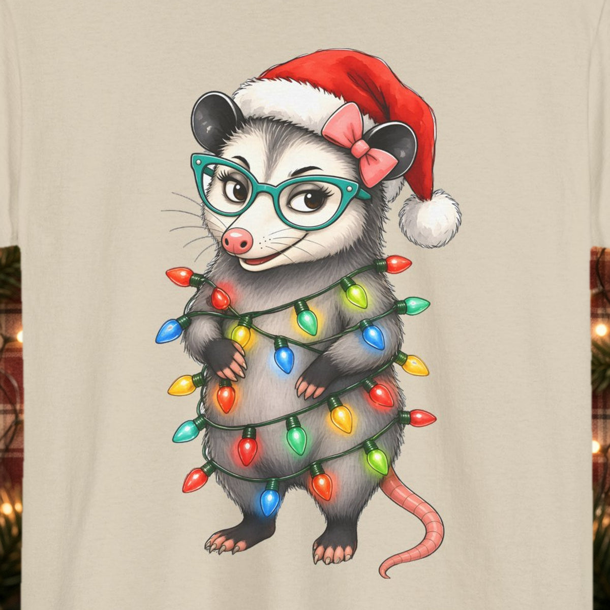 Carla Christmas Lights Christmas Tee – Sand – front print close-up