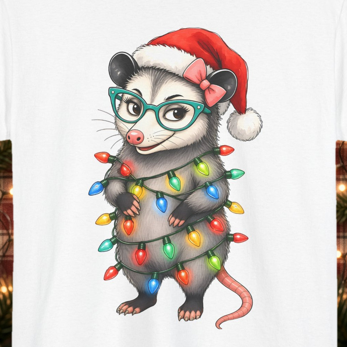 Carla Christmas Lights Christmas Tee – White – front print close-up