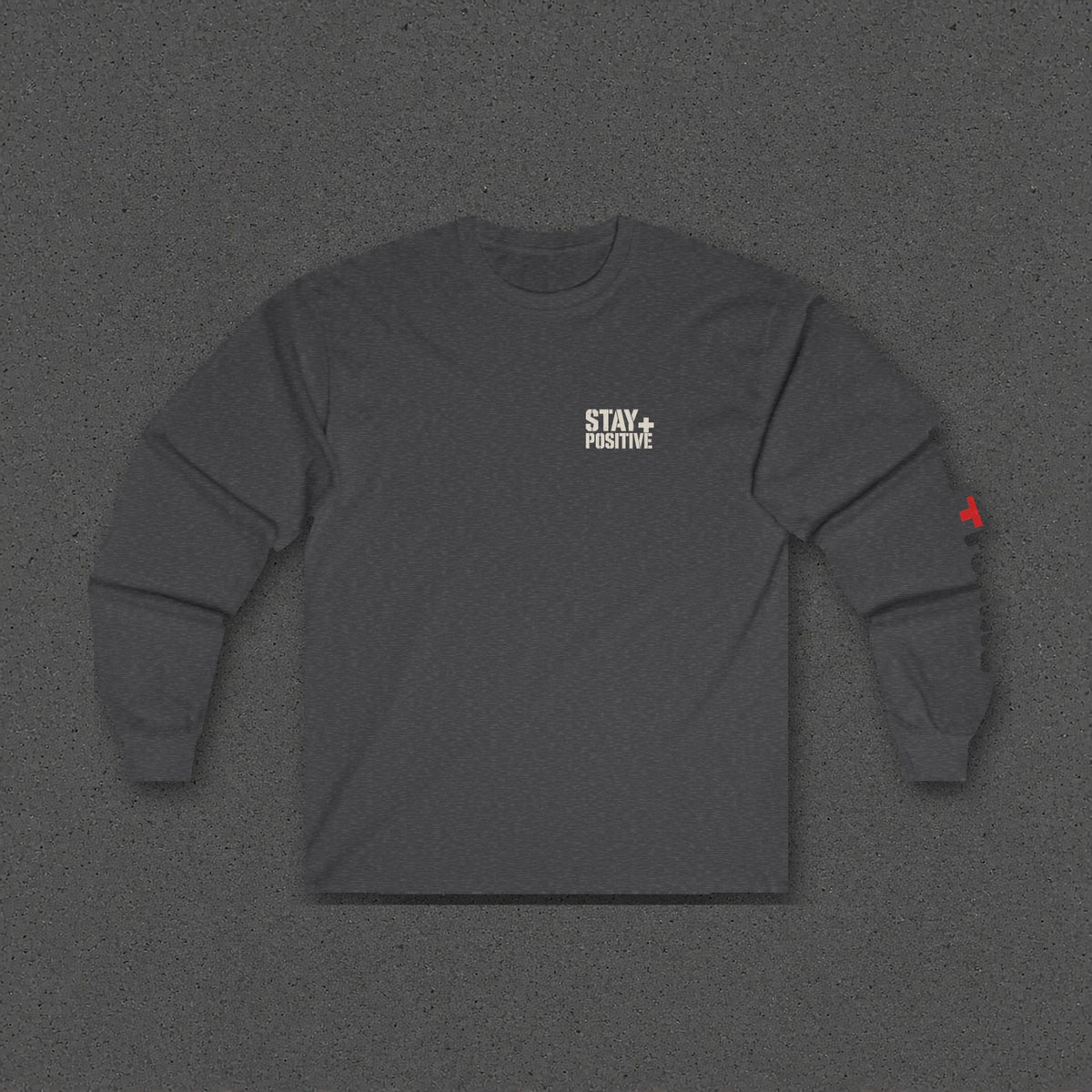Comfort Never Built Nothin' Long Sleeve Tee – Stay Positive – Dark Heather – front