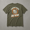 Military green t-shirt with distressed cream and blaze orange 'Comfort Never Built Nothin'' back print – Stay Positive by The Hillbillies, back view