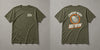 Military green t-shirt with cream Stay Positive chest logo and distressed cream and blaze orange 'Comfort Never Built Nothin'' back print – Stay Positive by The Hillbillies, front and back view