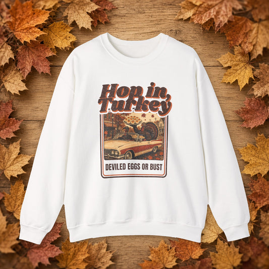 Deviled Eggs or Bust Thanksgiving Sweatshirt – White – front