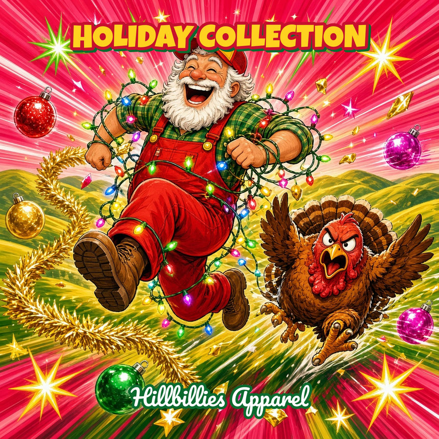Holiday tees: country Santa tangled in Christmas lights running from a mad turkey