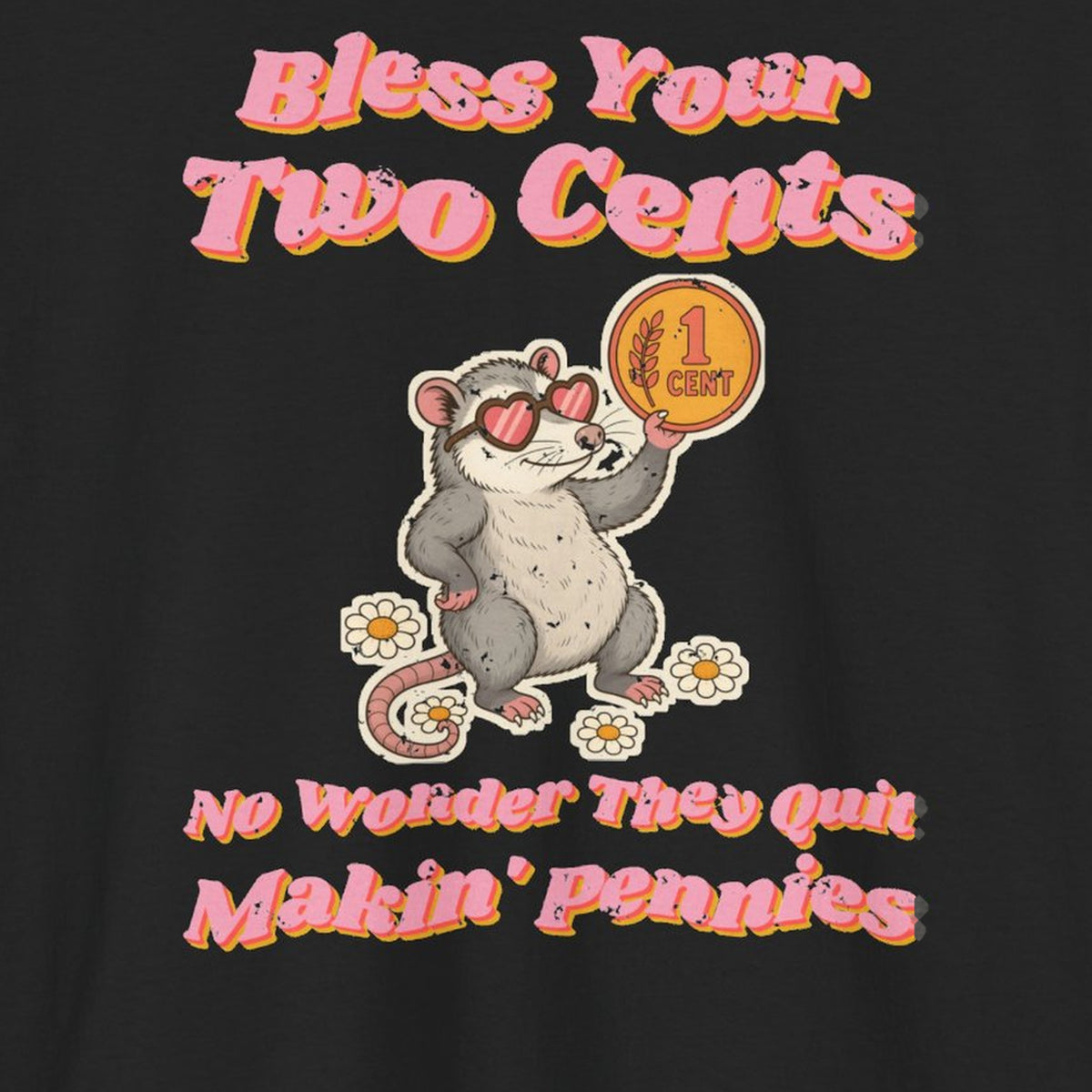 Bless Your Two Cents Possum Tee – Back Porch Sass – Black – front print close-up