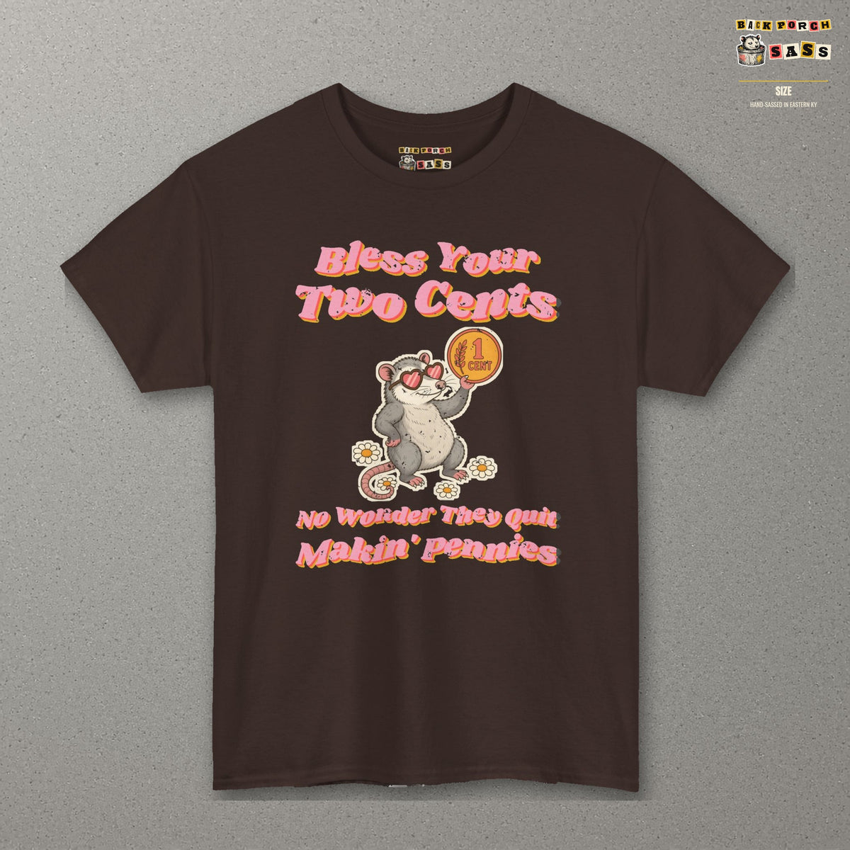 Bless Your Two Cents Possum Tee – Back Porch Sass – Dark Chocolate – front
