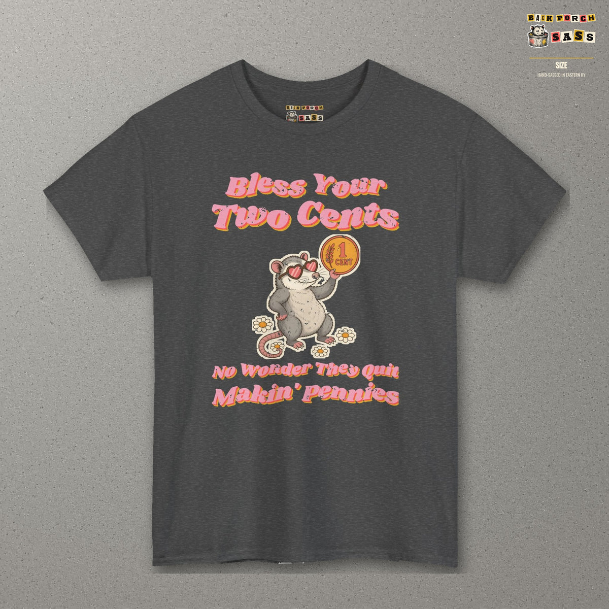 Bless Your Two Cents Possum Tee – Back Porch Sass – Dark Heather – front