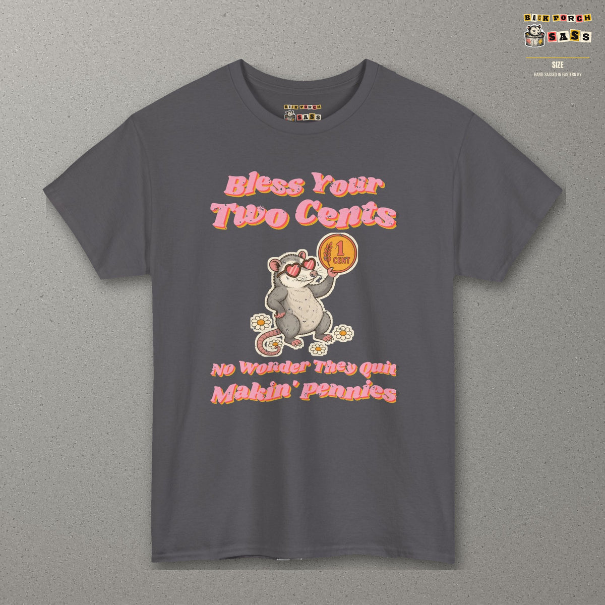 Bless Your Two Cents Possum Tee – Back Porch Sass – Charcoal – front
