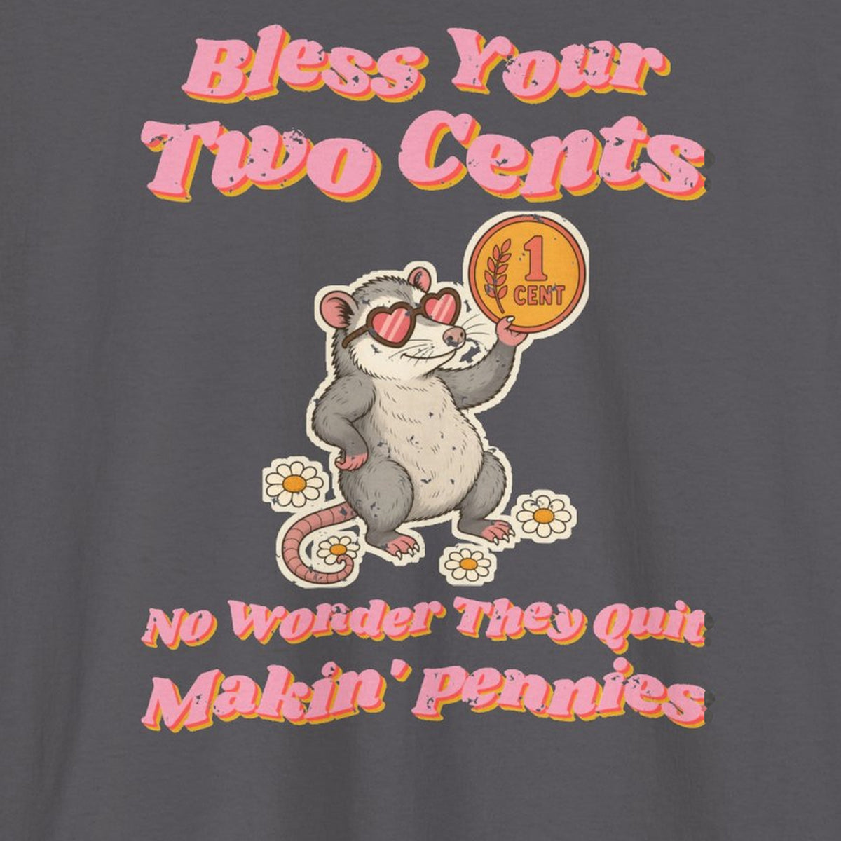 Bless Your Two Cents Possum Tee – Back Porch Sass – Charcoal – front print close-up