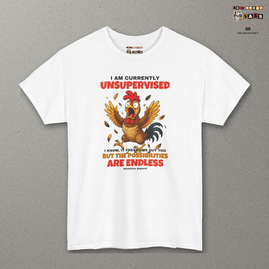 I Am Currently Unsupervised Rooster Tee – White – front