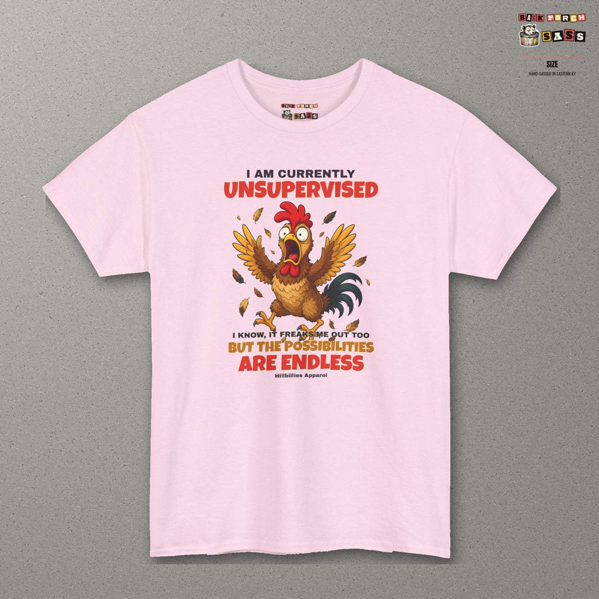 I Am Currently Unsupervised Rooster Tee – Light Pink – front