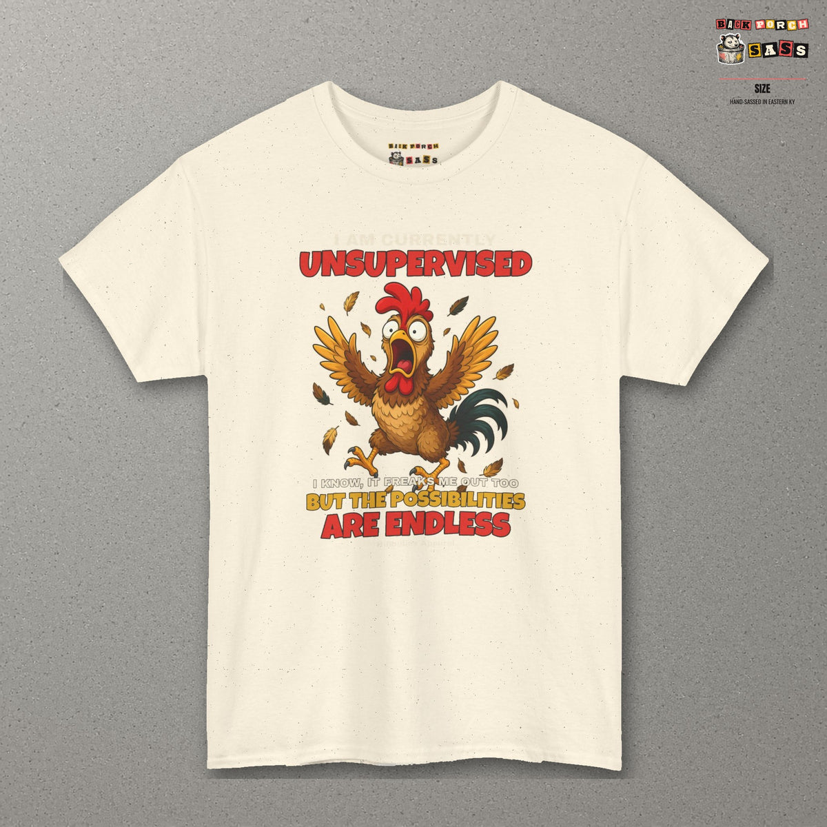 I Am Currently Unsupervised Rooster Tee – Natural – front