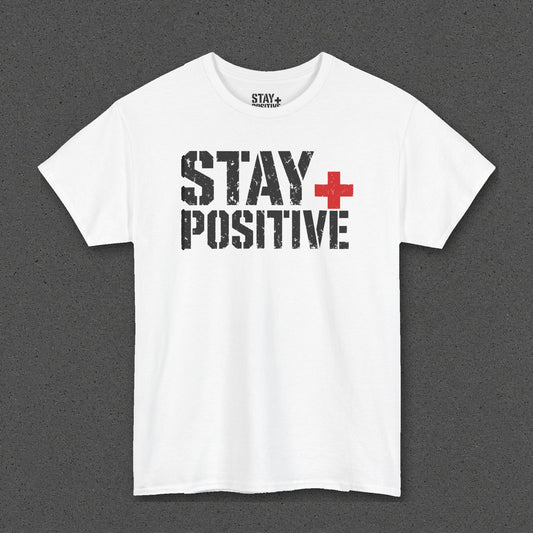 Stay Positive Logo Tee – Red Plus – White – front